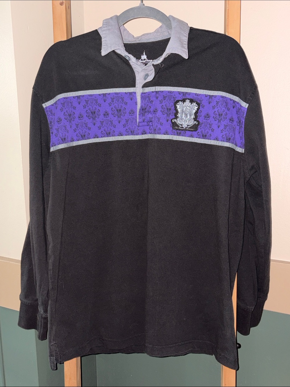 Disney Haunted Mansion Shirt Mens XL Black Purple Long Sleeve Rugby - Picture 1 of 4
